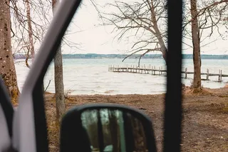 View from a camper to a lake.